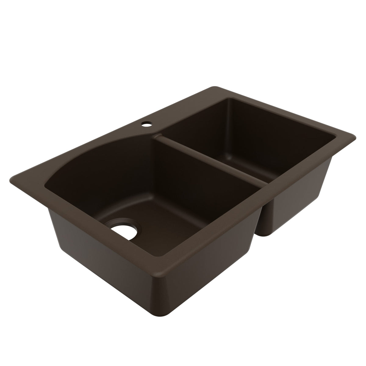 33" Top Mount Double Offset Bowl Quartz Composite Kitchen Sink In Brown