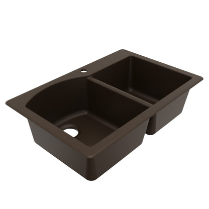 33" Top Mount Double Offset Bowl Quartz Composite Kitchen Sink In Brown