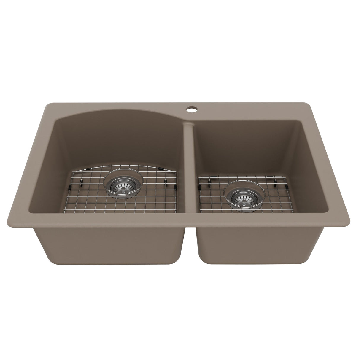 33" Top Mount Double Offset Bowl Quartz Composite Kitchen Sink Kit In Concrete