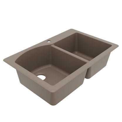 33" Top Mount Double Offset Bowl Quartz Composite Kitchen Sink In Concrete