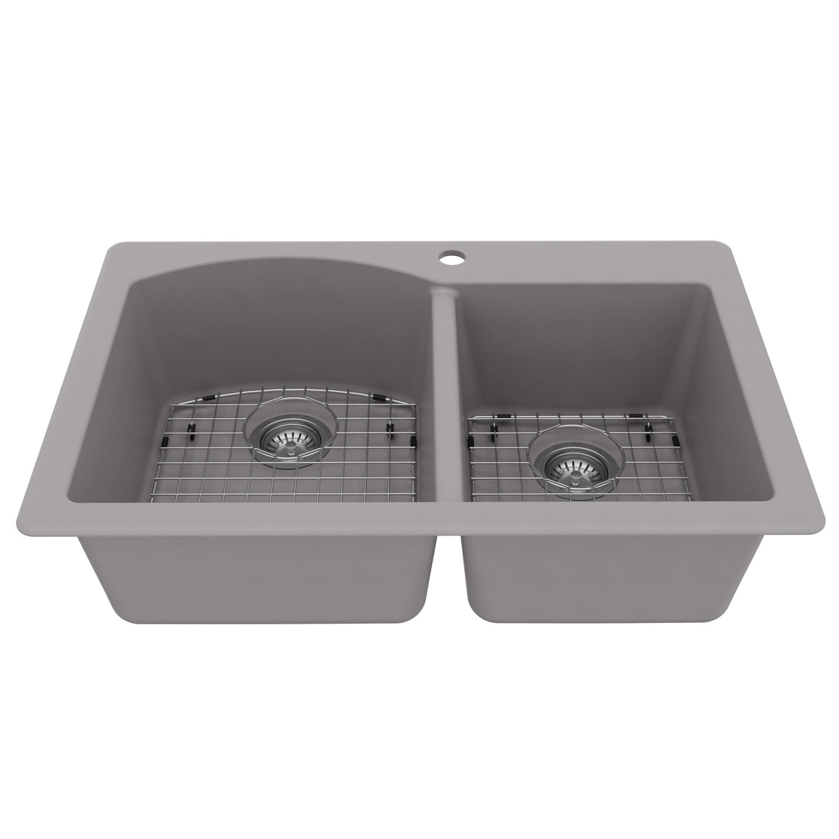 33" Top Mount Double Offset Bowl Quartz Composite Kitchen Sink Kit In Grey