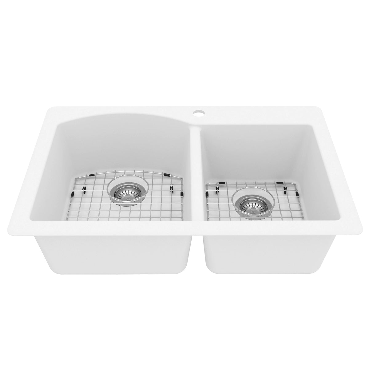 33" Top Mount Double Offset Bowl Quartz Composite Kitchen Sink Kit In White