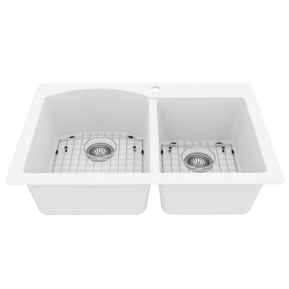 33" Top Mount Double Offset Bowl Quartz Composite Kitchen Sink Kit In White