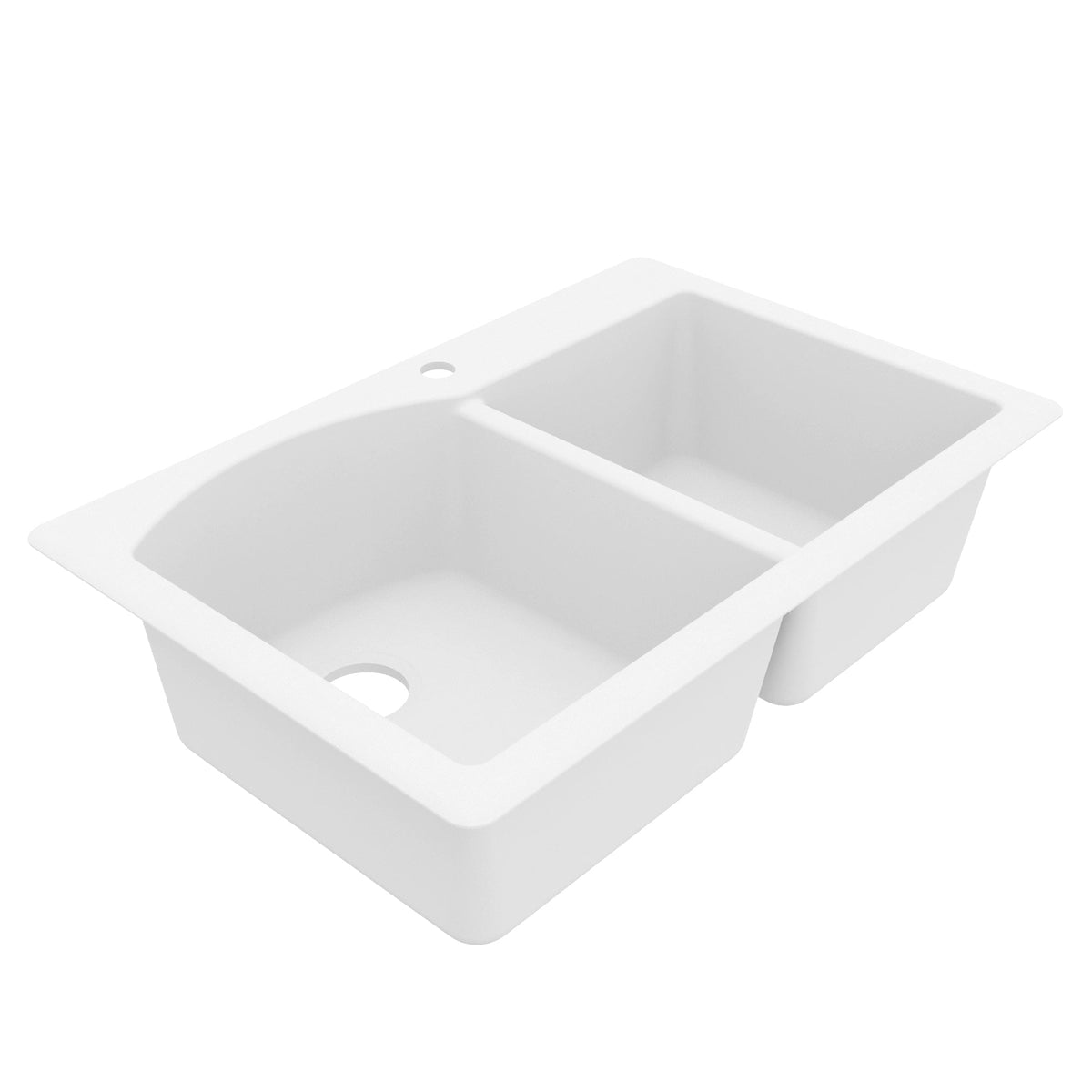 33" Top Mount Double Offset Bowl Quartz Composite Kitchen Sink In White