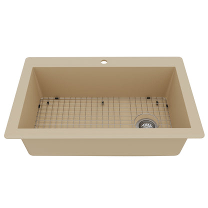 33" Top Mount Large Single Bowl Quartz Composite Kitchen Sink Kit In Bisque