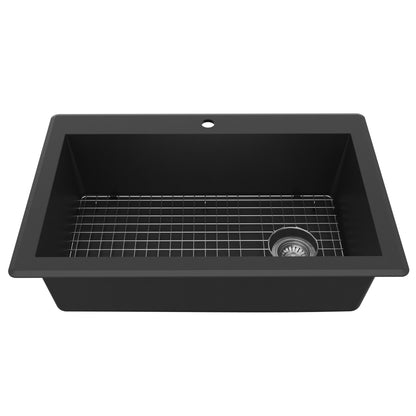 33" Top Mount Large Single Bowl Quartz Composite Kitchen Sink Kit In Black