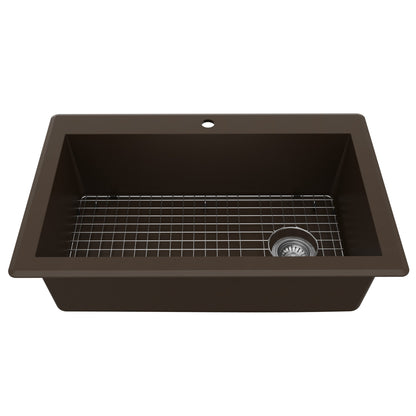 33" Top Mount Large Single Bowl Quartz Composite Kitchen Sink Kit In Brown