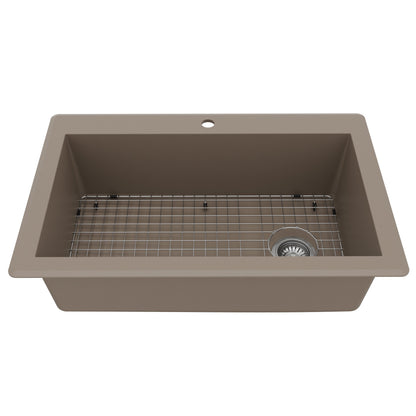 33" Top Mount Large Single Bowl Quartz Composite Kitchen Sink Kit In Concrete