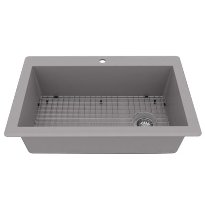 33" Top Mount Large Single Bowl Quartz Composite Kitchen Sink Kit In Grey