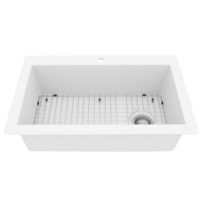 33" Top Mount Large Single Bowl Quartz Composite Kitchen Sink Kit In White