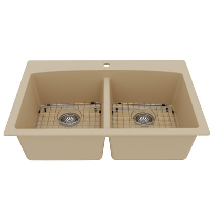 33" Top Mount Double Equal Bowl Quartz Composite Kitchen Sink Kit In Bisque