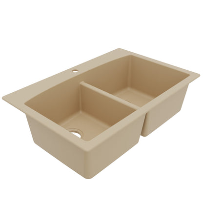 33" Top Mount Double Equal Bowl Quartz Composite Kitchen Sink In Bisque