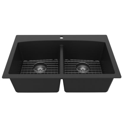 33" Top Mount Double Equal Bowl Quartz Composite Kitchen Sink Kit In Black