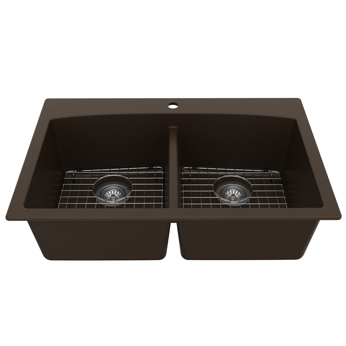 33" Top Mount Double Equal Bowl Quartz Composite Kitchen Sink Kit In Brown