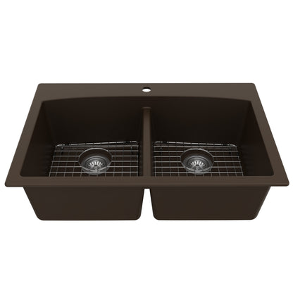 33" Top Mount Double Equal Bowl Quartz Composite Kitchen Sink Kit In Brown