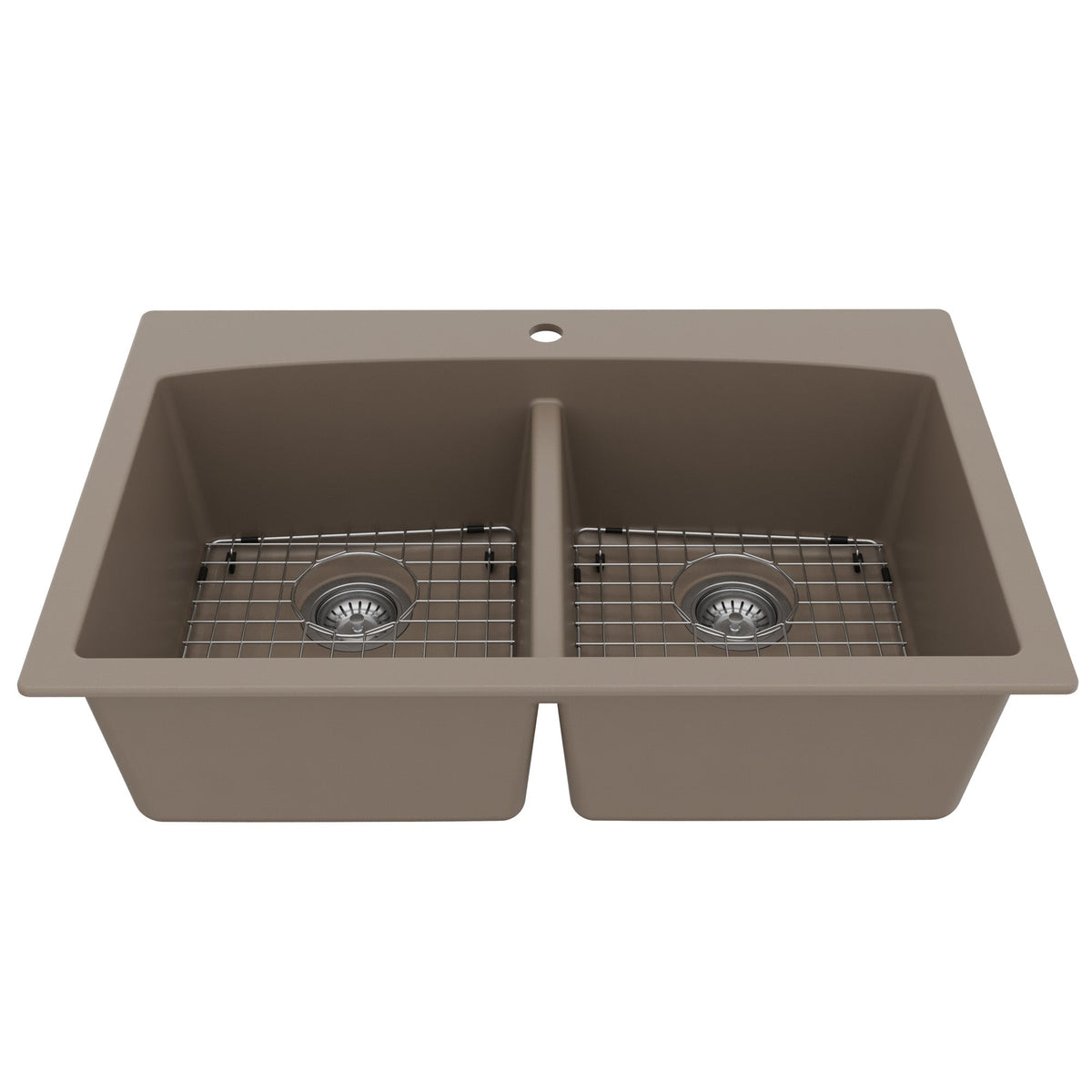 33" Top Mount Double Equal Bowl Quartz Composite Kitchen Sink Kit In Concrete