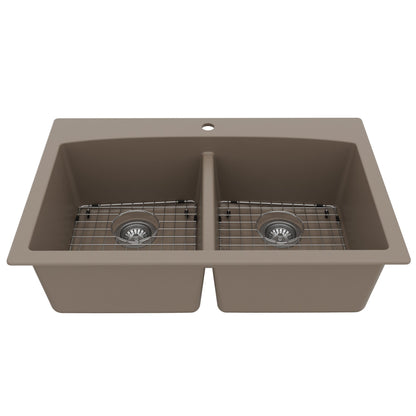 33" Top Mount Double Equal Bowl Quartz Composite Kitchen Sink Kit In Concrete