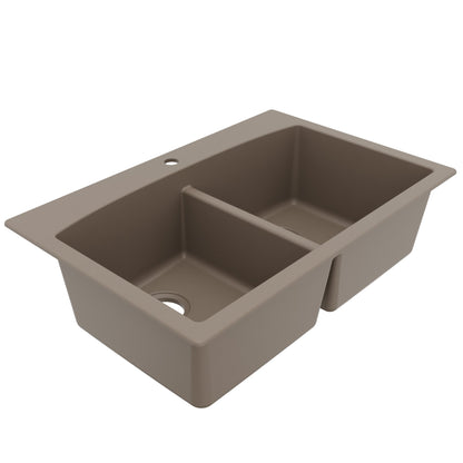 33" Top Mount Double Equal Bowl Quartz Composite Kitchen Sink In Concrete