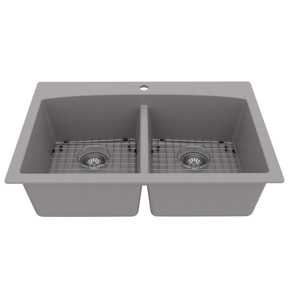 33" Top Mount Double Equal Bowl Quartz Composite Kitchen Sink Kit In Grey