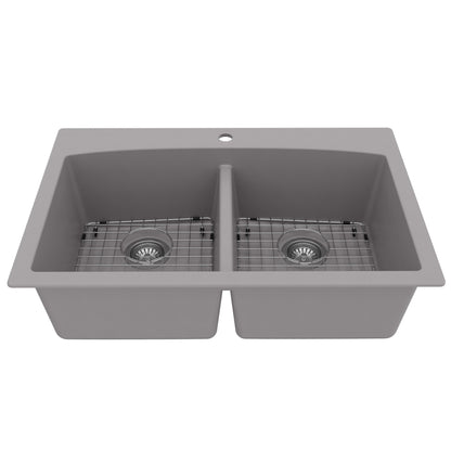 33" Top Mount Double Equal Bowl Quartz Composite Kitchen Sink Kit In Grey