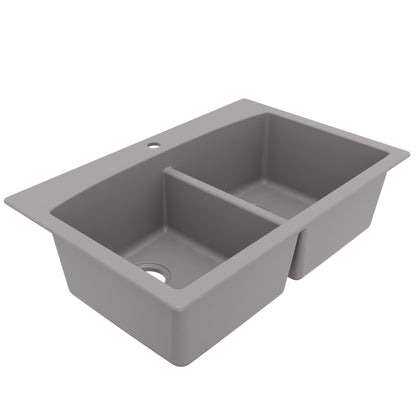33" Top Mount Double Equal Bowl Quartz Composite Kitchen Sink In Grey