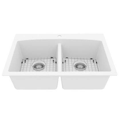 33" Top Mount Double Equal Bowl Quartz Composite Kitchen Sink Kit In White
