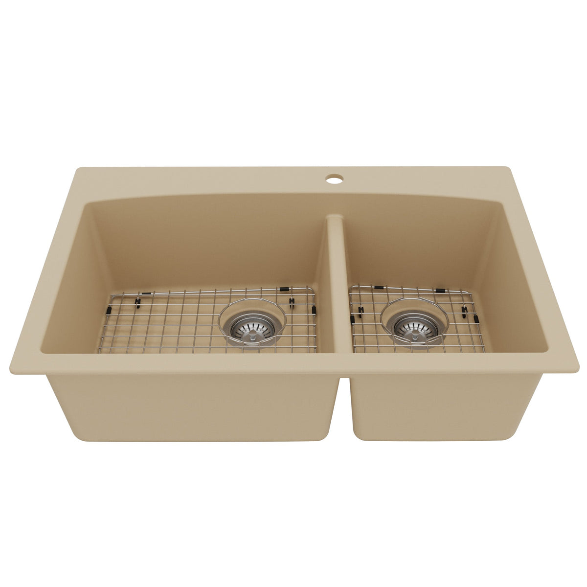 33" Top Mount Double Offset Bowl Quartz Composite Kitchen Sink Kit In Bisque