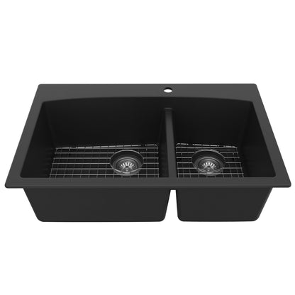 33" Top Mount Double Offset Bowl Quartz Composite Kitchen Sink Kit In Black