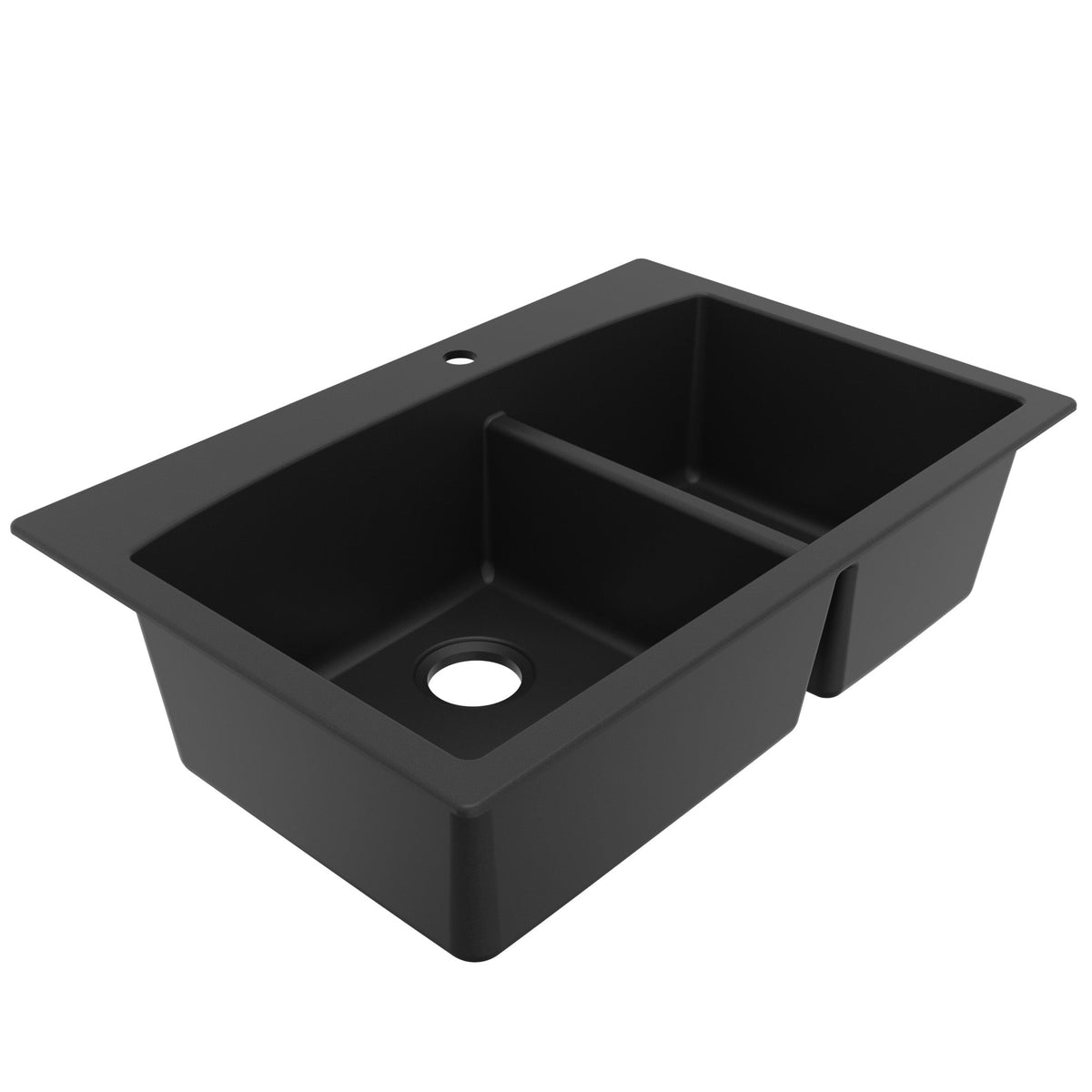 33" Top Mount Double Offset Bowl Quartz Composite Kitchen Sink In Black