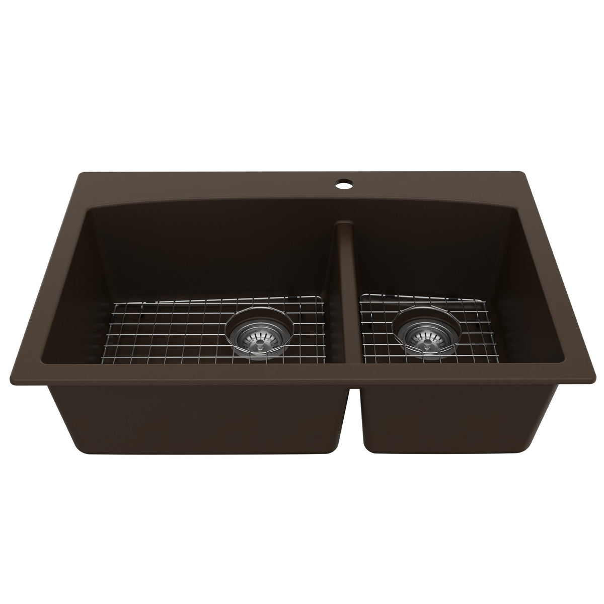 33" Top MountDouble Offset Bowl Quartz Composite Kitchen Sink Kit In Brown