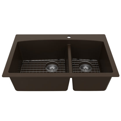 33" Top MountDouble Offset Bowl Quartz Composite Kitchen Sink Kit In Brown