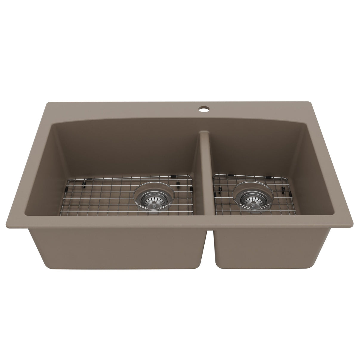 33" Top Mount Double Offset Bowl Quartz Composite Kitchen Sink Kit In Concrete