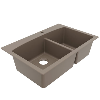 33" Top Mount Double Offset Bowl Quartz Composite Kitchen Sink In Concrete
