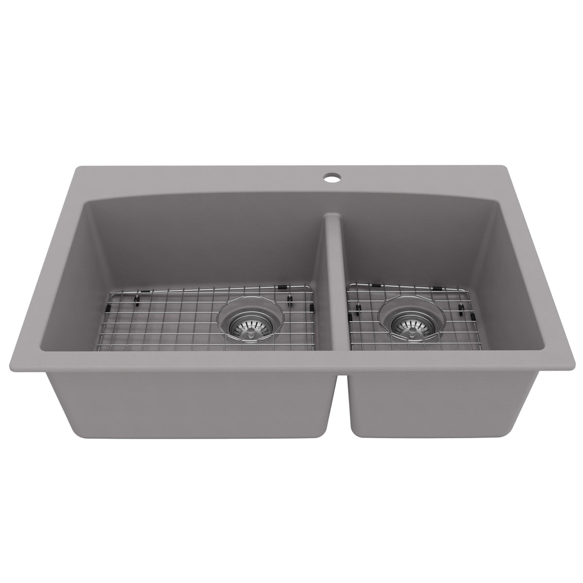 33" Top Mount Double Offset Bowl Quartz Composite Kitchen Sink Kit In Grey