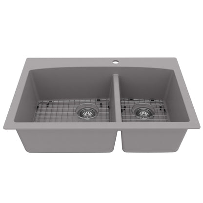 33" Top Mount Double Offset Bowl Quartz Composite Kitchen Sink Kit In Grey