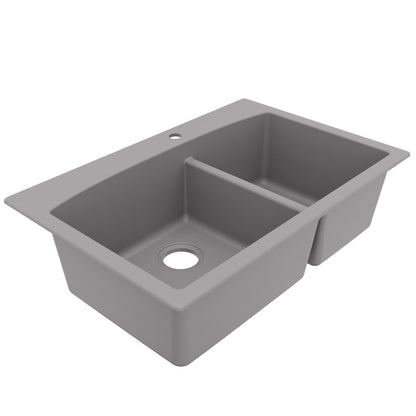 33" Top Mount Double Offset Bowl Quartz Composite Kitchen Sink In Grey