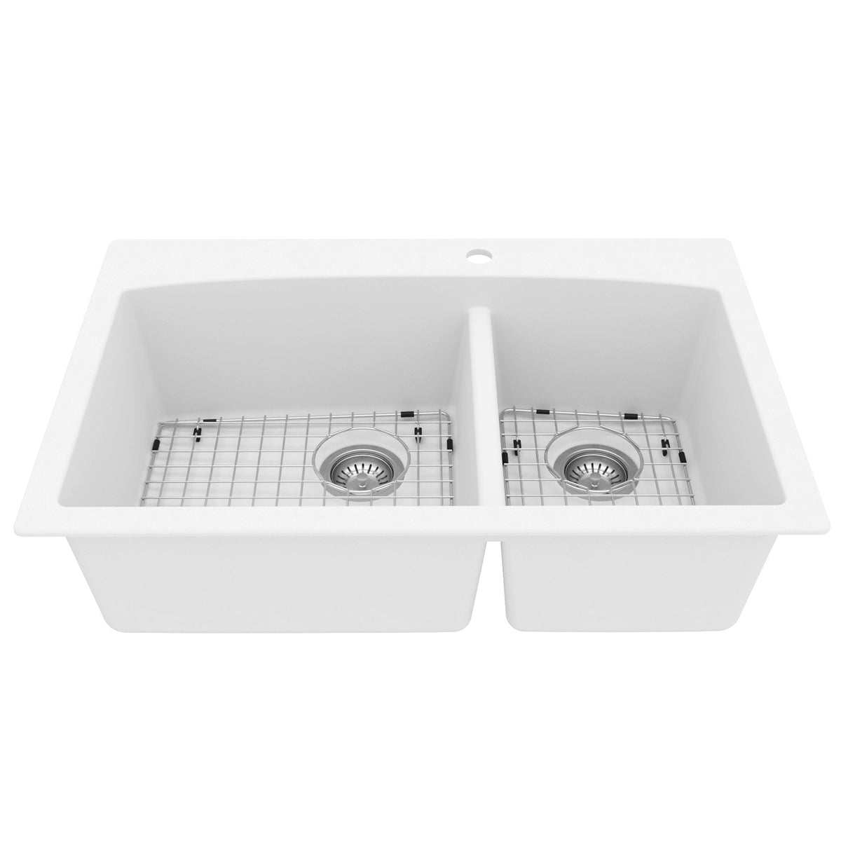 33" Top Mount Double Offset Bowl Quartz Composite Kitchen Sink Kit In White