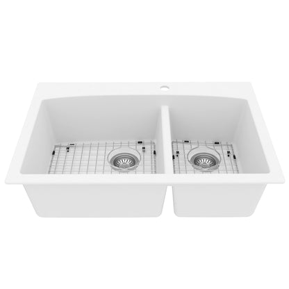 33" Top Mount Double Offset Bowl Quartz Composite Kitchen Sink Kit In White