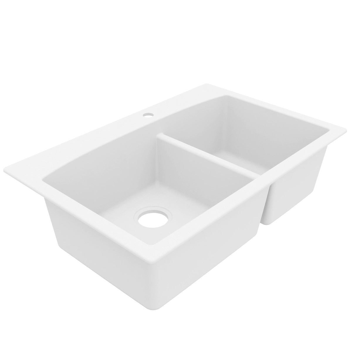 33" Top Mount Double Offset Bowl Quartz Composite Kitchen Sink In White