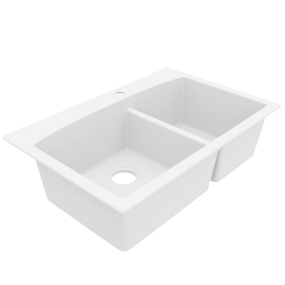 33" Top Mount Double Offset Bowl Quartz Composite Kitchen Sink In White