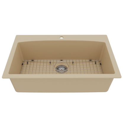 33" Top Mount Large Single Bowl Quartz Composite Kitchen Sink Kit In Bisque