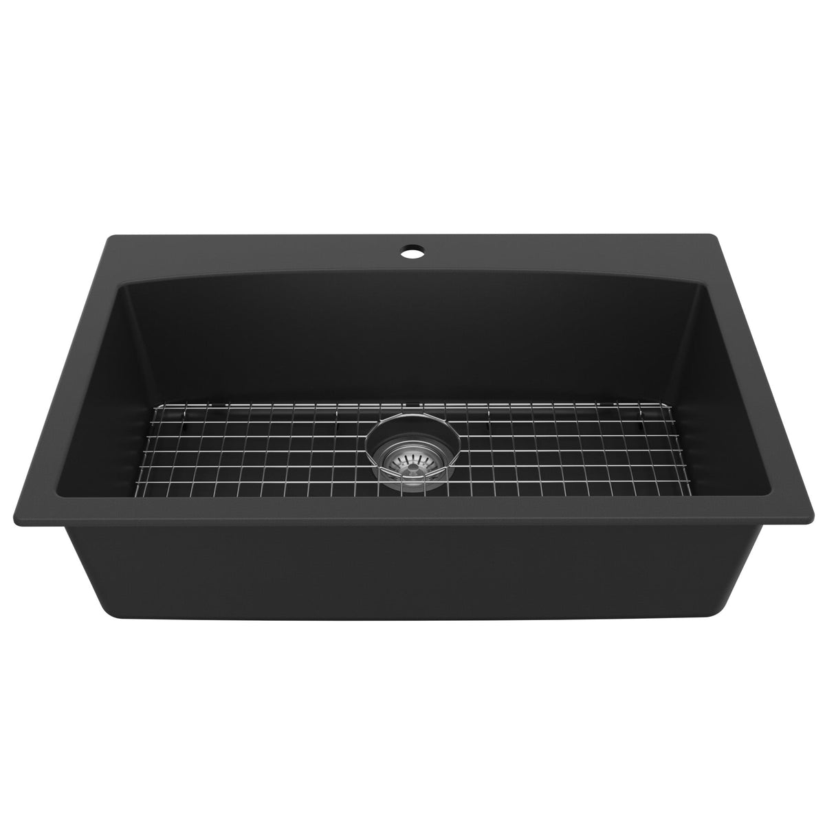 33" Top Mount Large Single Bowl Quartz Composite Kitchen Sink Kit In Black