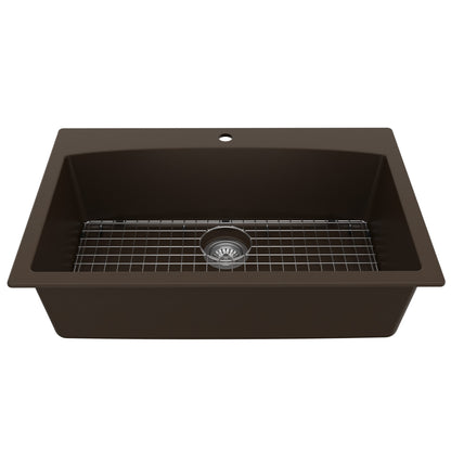 33" Top Mount Large Single Bowl Quartz Composite Kitchen Sink Kit In Brown