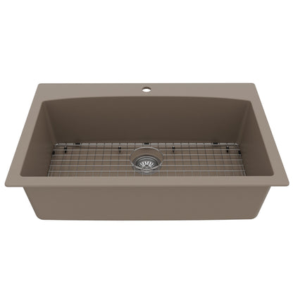 33" Top Mount Large Single Bowl Quartz Composite Kitchen Sink Kit Concrete