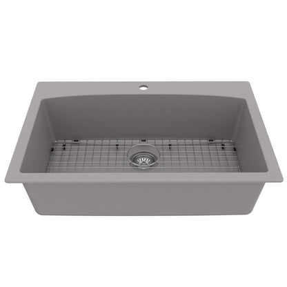 33" Top Mount Large Single Bowl Quartz Composite Kitchen Sink Kit Grey