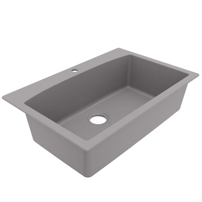 33" Top Mount Large Single Bowl Quartz Composite Kitchen Sink In Grey