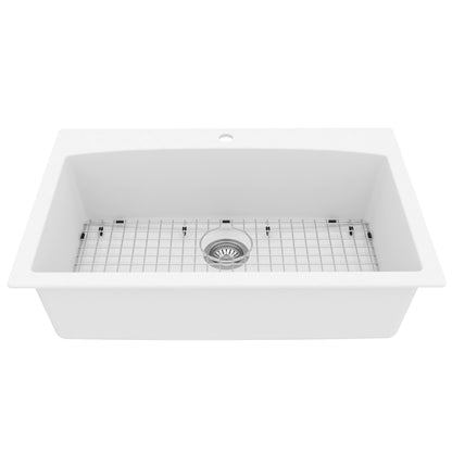 33" Top Mount Large Single Bowl Quartz Composite Kitchen Sink Kit White