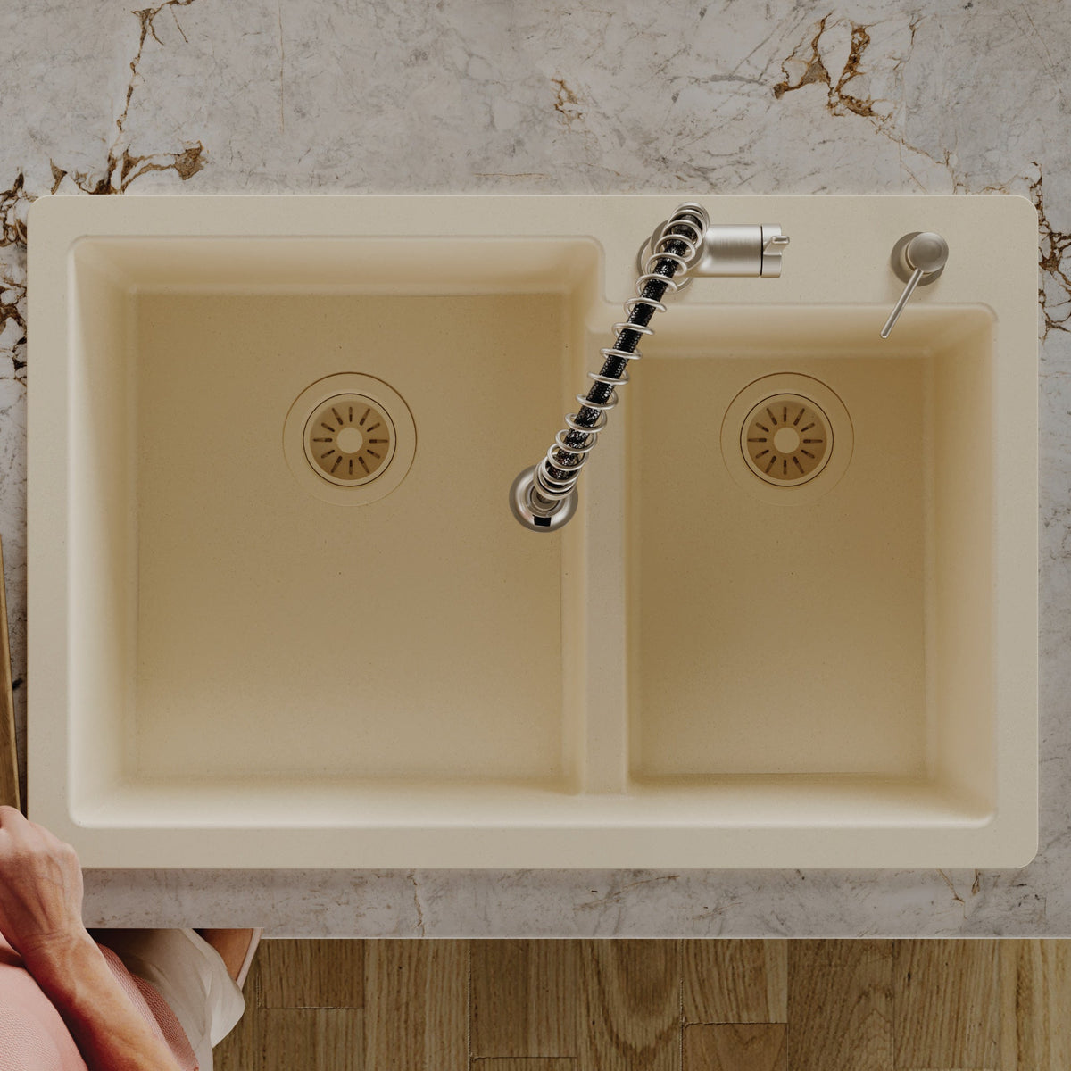 33" Top Mount Double Offset Bowl Quartz Composite Kitchen Sink In Bisque