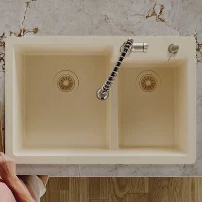 33" Top Mount Double Offset Bowl Quartz Composite Kitchen Sink In Bisque