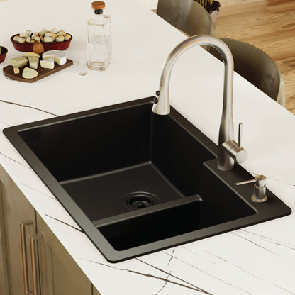 33" Top Mount Double Offset Bowl Quartz Composite Kitchen Sink In Black